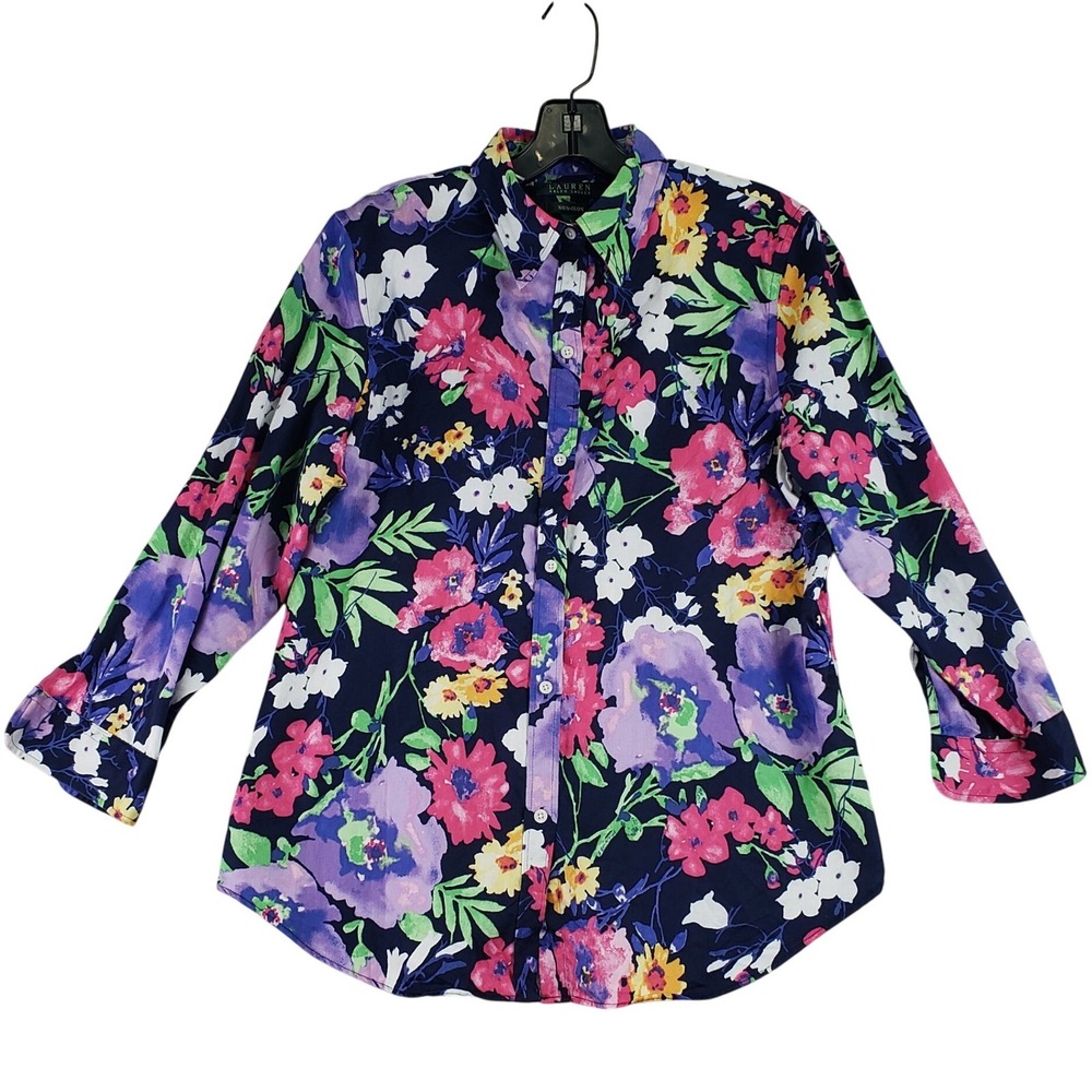 Lauren Ralph Lauren Non Iron Shirt Womens L Navy Floral Button Down Preppy